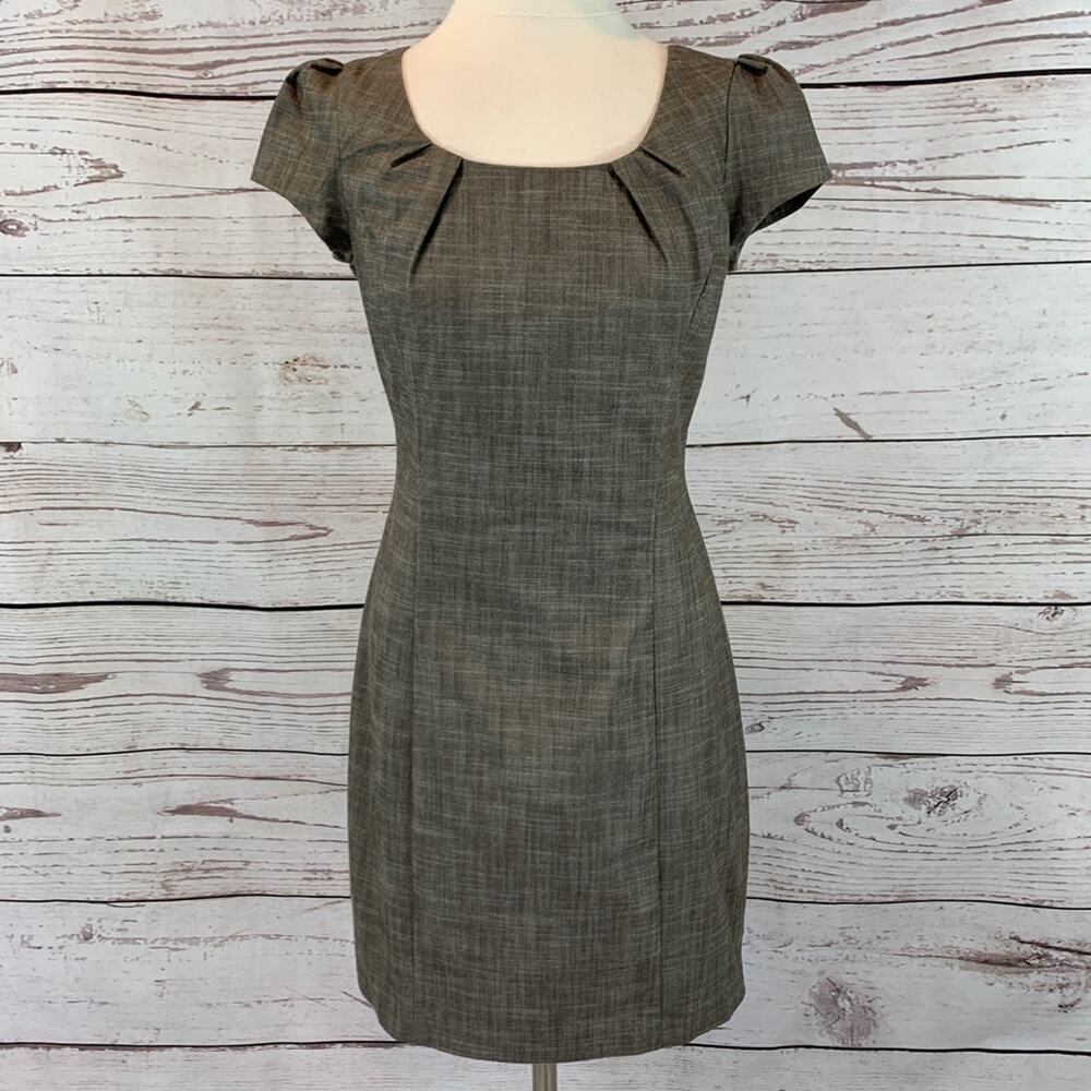 A. Byer brown tan sheath dress pleated neck